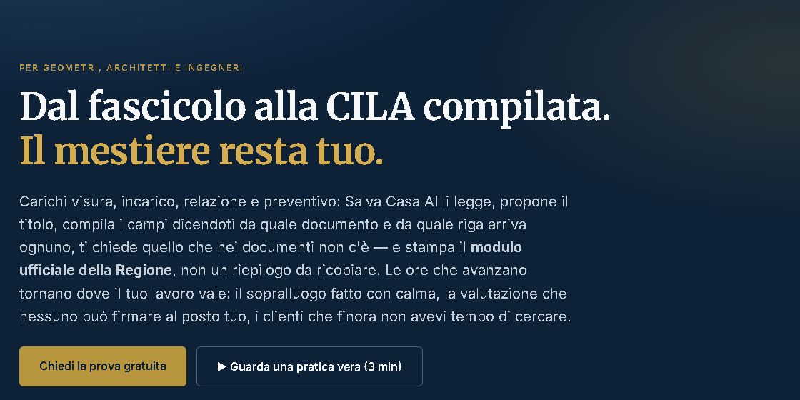 Pagina di presentazione di Salva Casa AI: dal fascicolo alla CILA compilata