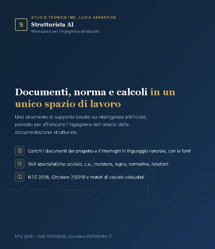 Pagina di accesso di Strutturista AI: documenti, norma e calcoli in un unico spazio di lavoro, con NTC 2018 e Circolare 7/2019